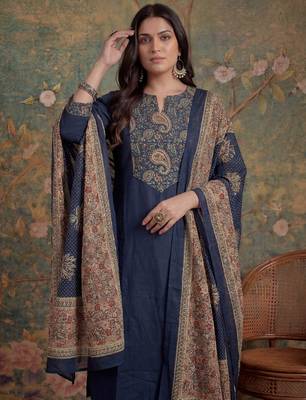 navy blue cotton a line patch work plus size kurta pant dupatta set 5