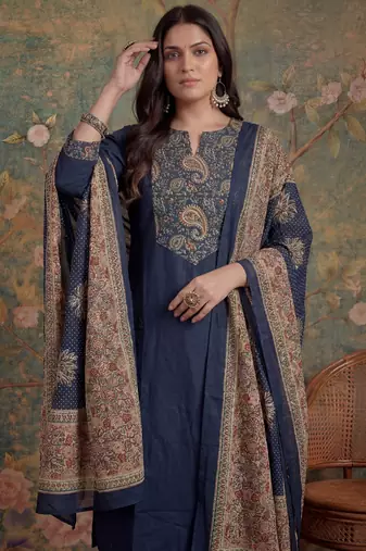 navy blue cotton a line patch work plus size kurta pant dupatta set