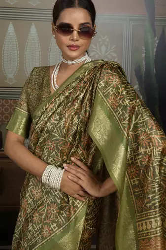 Green silk blend floral printed saree