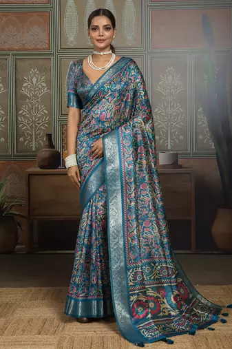 Blue silk blend floral printed saree