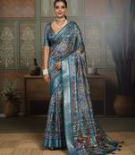 Blue silk blend floral printed saree