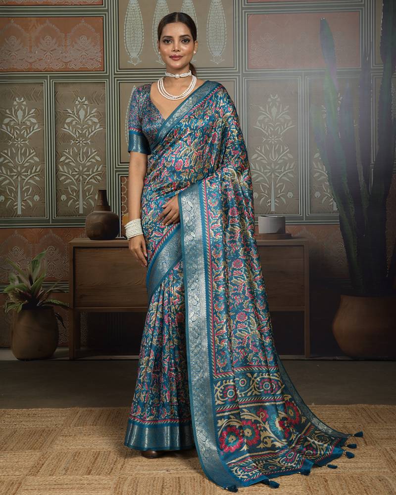 Blue silk blend floral printed saree