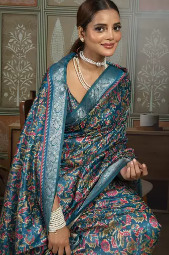 Blue silk blend floral printed saree