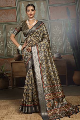 Black silk blend floral printed saree