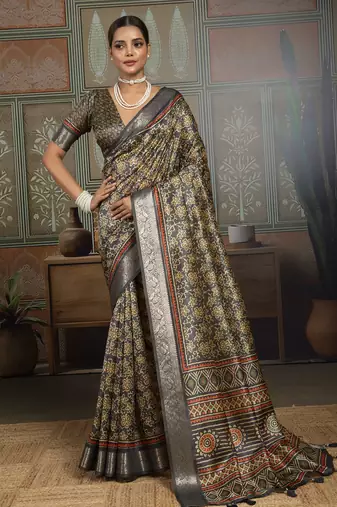 Black silk blend floral printed saree