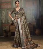 Black silk blend floral printed saree