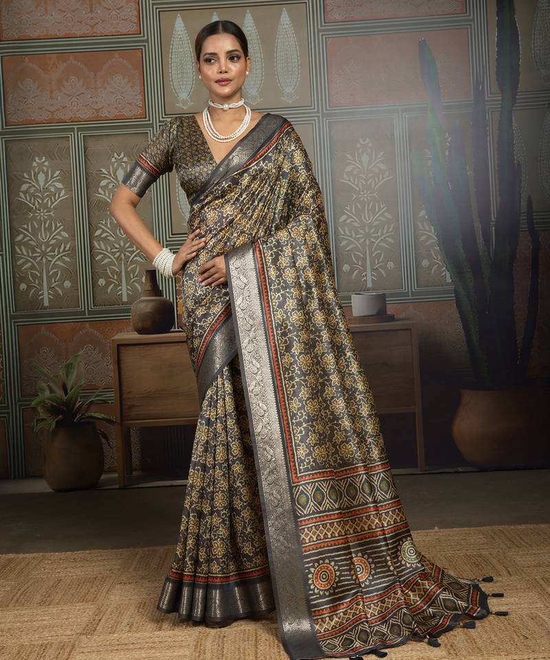 Black silk blend floral printed saree