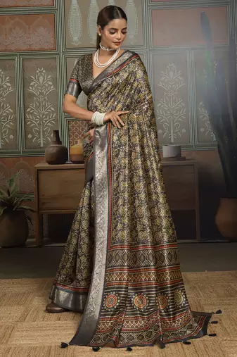 Black silk blend floral printed saree