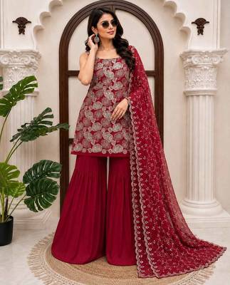 Maroon simmer silk thread & sequin sharara suit set with dupatta 1