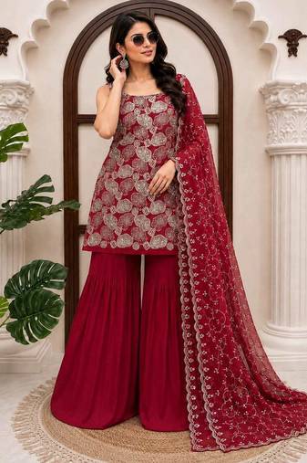Maroon simmer silk thread & sequin sharara suit set with dupatta