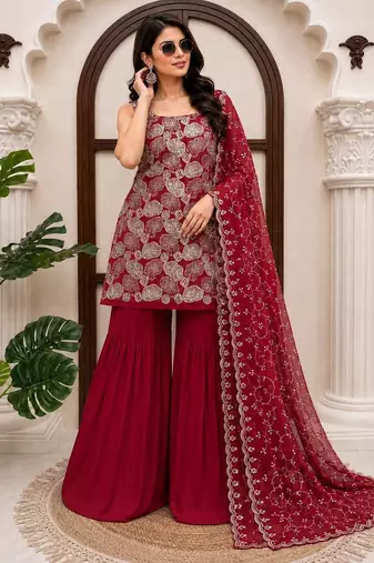 Maroon simmer silk thread & sequin sharara suit set with dupatta