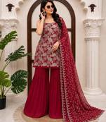 Maroon simmer silk thread & sequin sharara suit set with dupatta
