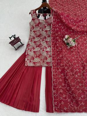 Maroon simmer silk thread & sequin sharara suit set with dupatta 2