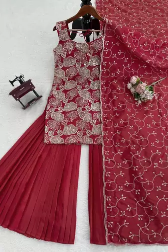 Maroon simmer silk thread & sequin sharara suit set with dupatta