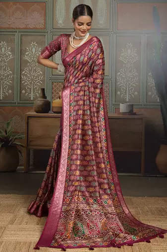 Wine silk blend floral printed saree