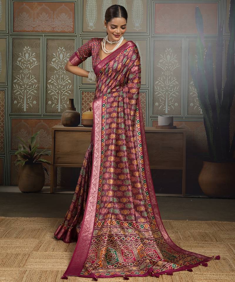 Wine silk blend floral printed saree