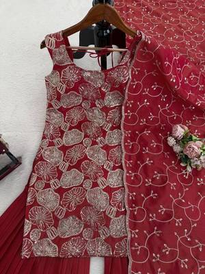 Maroon simmer silk thread & sequin sharara suit set with dupatta 3