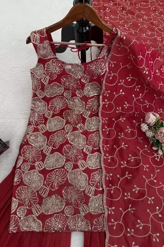 Maroon simmer silk thread & sequin sharara suit set with dupatta