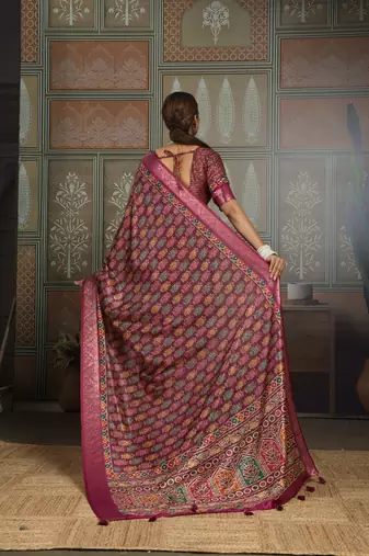 Wine silk blend floral printed saree