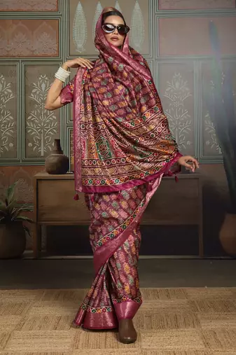 Wine silk blend floral printed saree