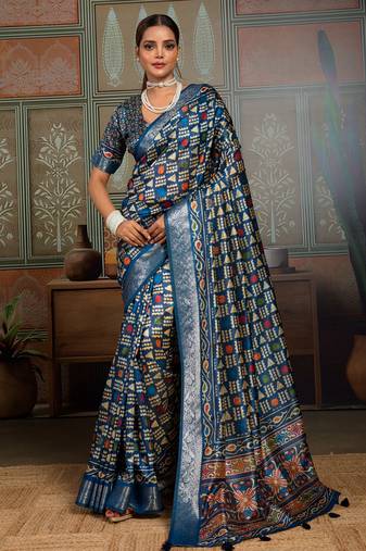 Blue silk blend geometrical printed saree