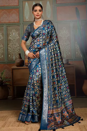 Blue silk blend geometrical printed saree