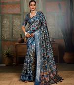 Blue silk blend geometrical printed saree