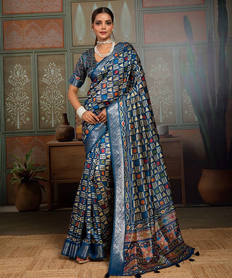 Blue silk blend geometrical printed saree