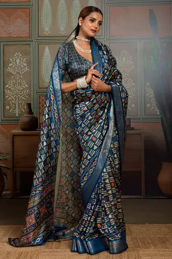 Blue silk blend geometrical printed saree