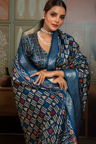 Blue silk blend geometrical printed saree