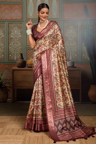 Beige silk blend floral printed saree