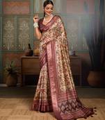 Beige silk blend floral printed saree