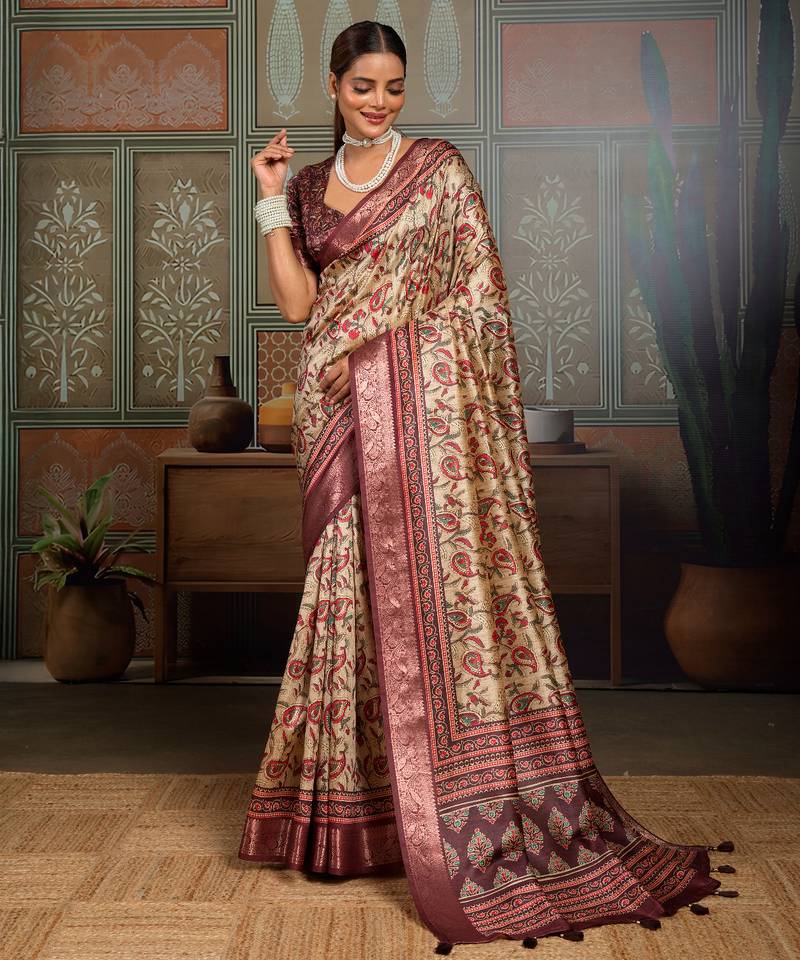Beige silk blend floral printed saree