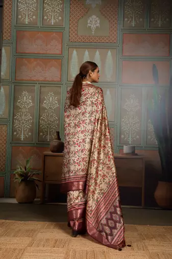 Beige silk blend floral printed saree