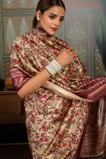 Beige silk blend floral printed saree