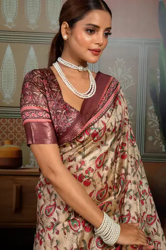 Beige silk blend floral printed saree