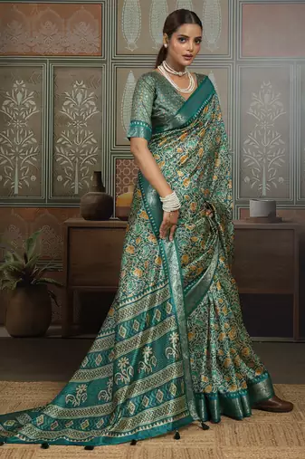 Green silk blend floral printed saree