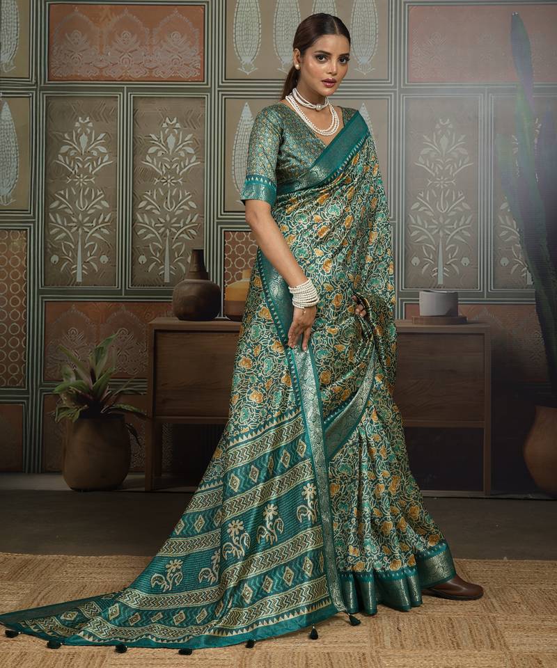 Green silk blend floral printed saree