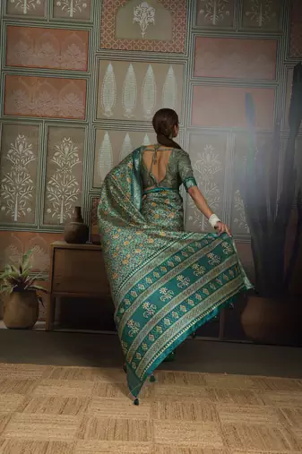 Green silk blend floral printed saree