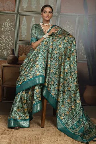 Green silk blend floral printed saree