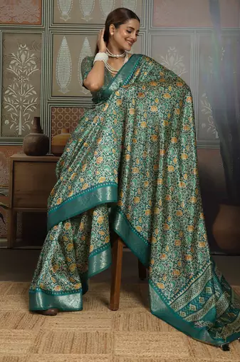 Green silk blend floral printed saree