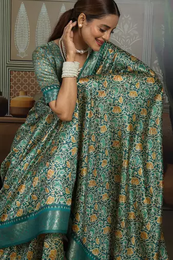 Green silk blend floral printed saree