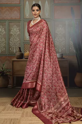 Maroon silk blend floral printed saree