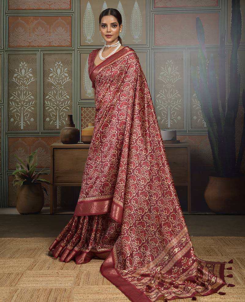 Maroon silk blend floral printed saree