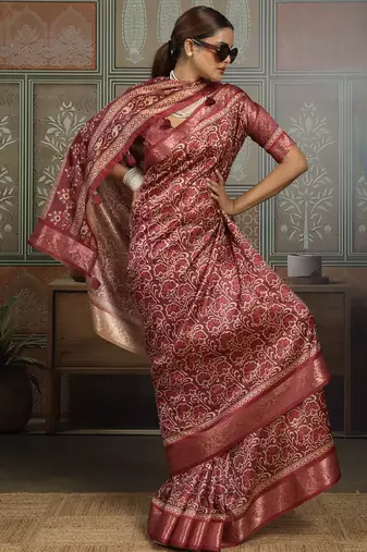 Maroon silk blend floral printed saree