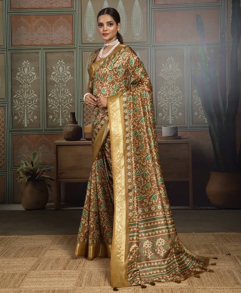 Mustard silk blend floral printed saree