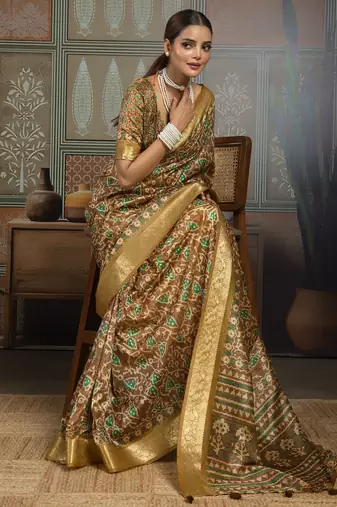 Mustard silk blend floral printed saree