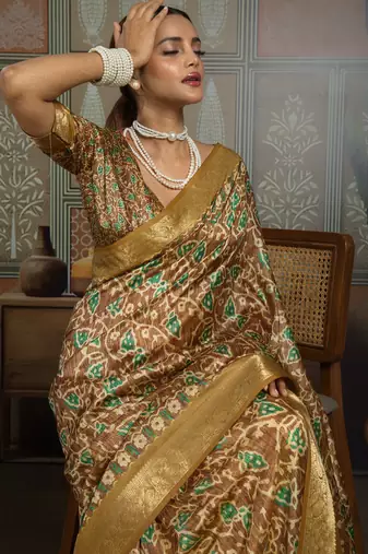 Mustard silk blend floral printed saree