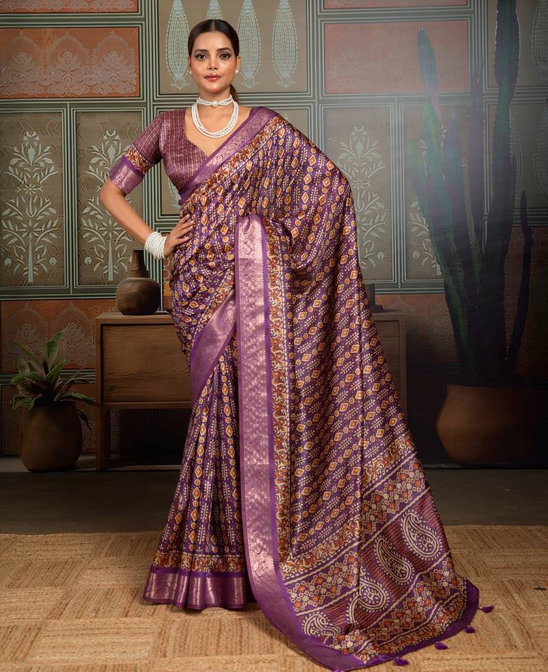 Purple silk blend floral printed saree