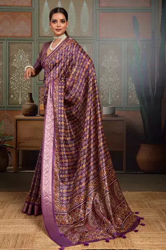 Purple silk blend floral printed saree